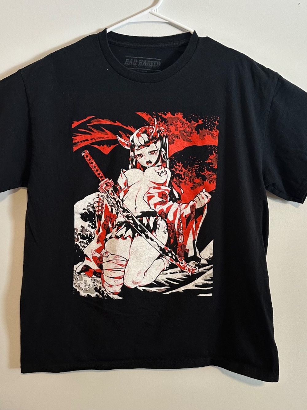 Busty Anime Girl Bad Habits Graphic Print T-Shirt Large Black Goth Short Sleeve